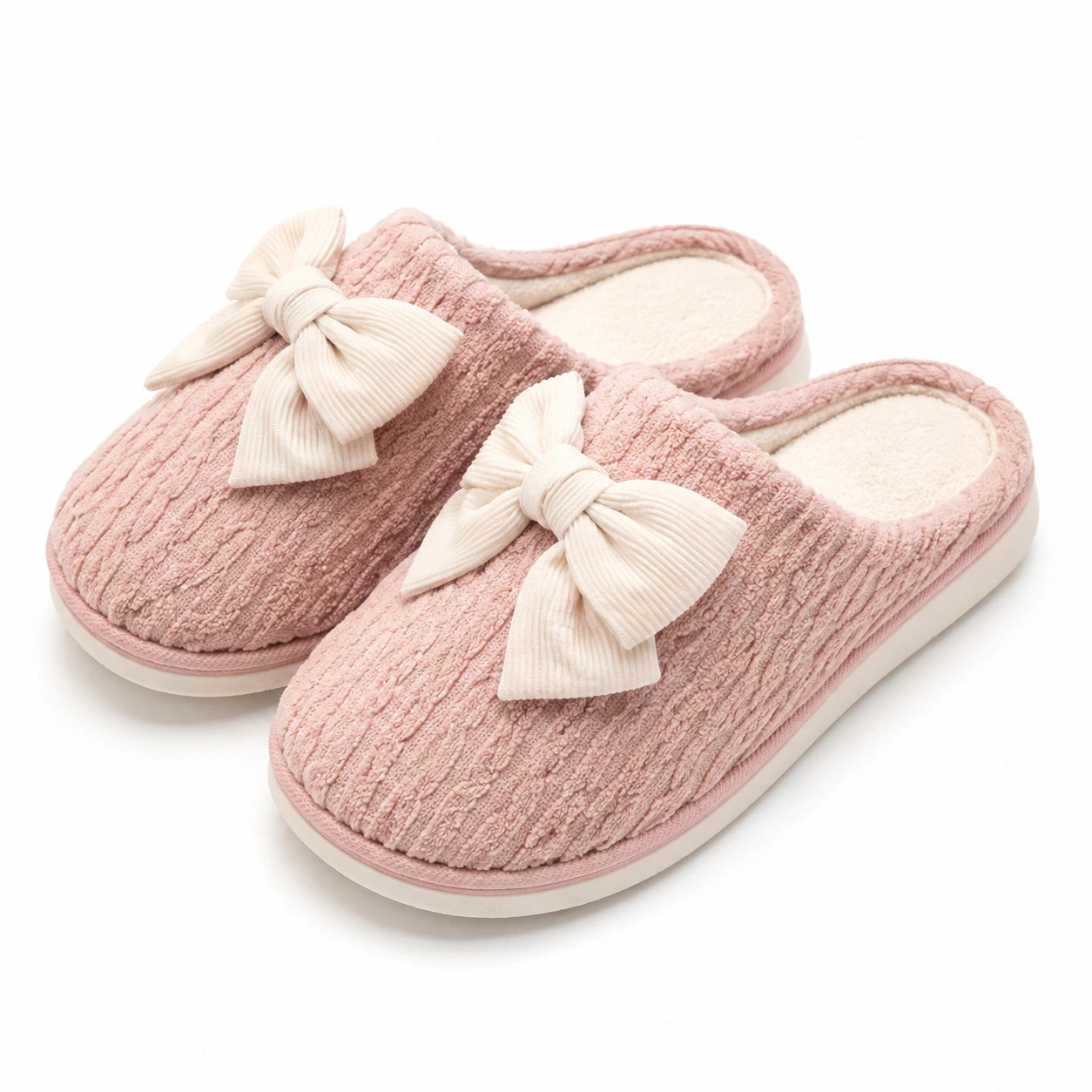 Damen Hausschuhe Größe 38/39 aus Textil Rosa Creme mit Schleife