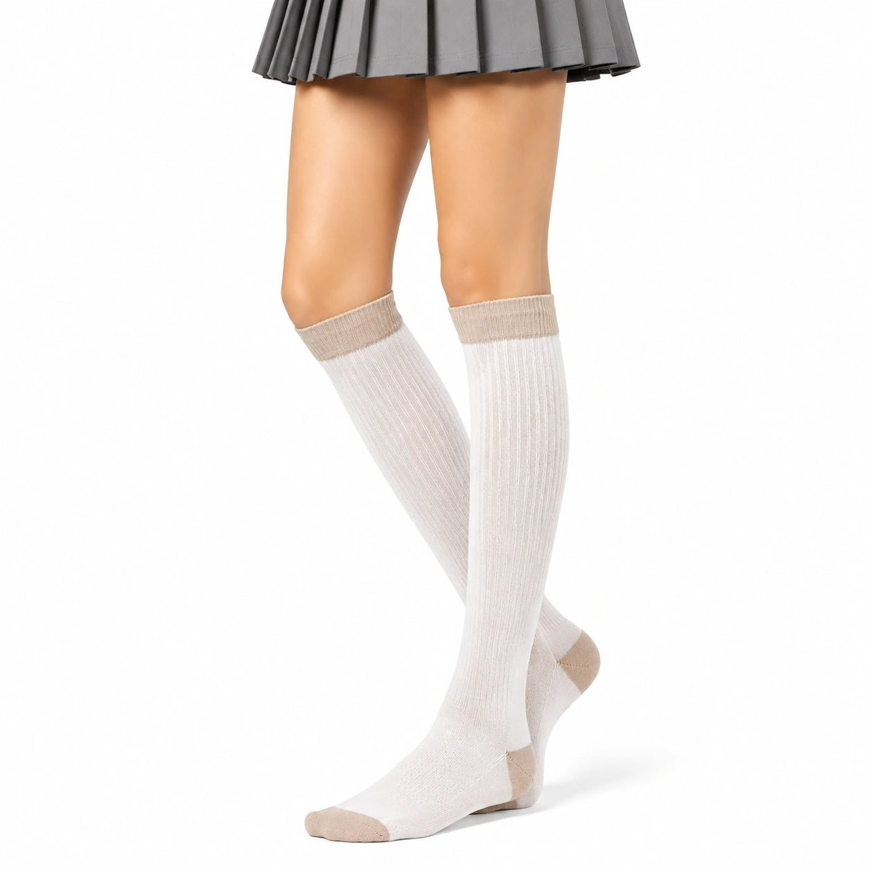 Damen Kniestrümpfe Größe 35-38 in Weiß und Beige mit Rippstrick